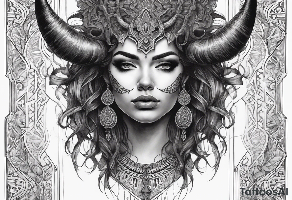 symmetrical woman head with curved horns facing downwards dark realism looking front facing view, ornamental horror metal on face tattoo idea