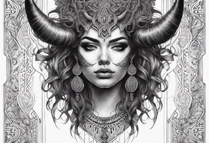 symmetrical woman head with curved horns facing downwards dark realism looking front facing view, ornamental horror metal on face tattoo idea