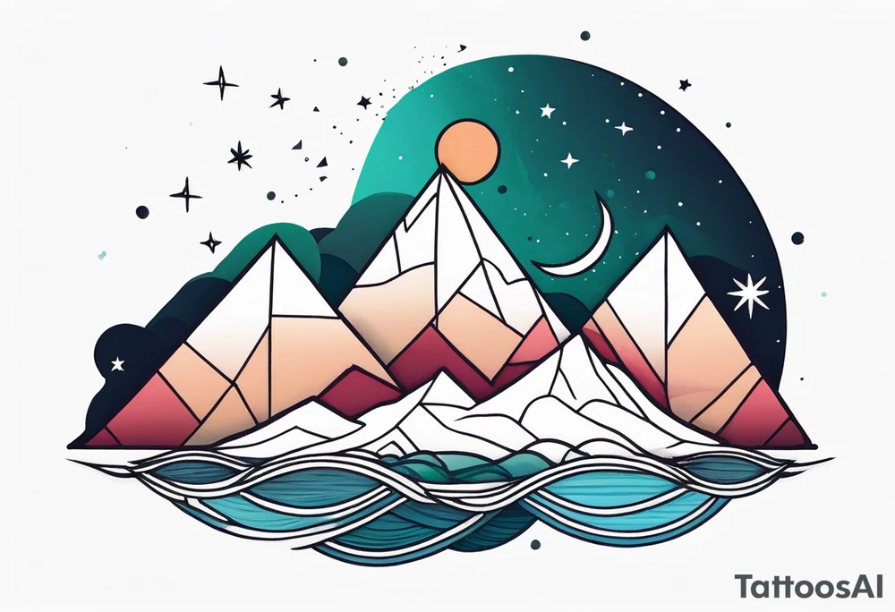 Mountain one Peak, sea waves, space with two littel coloured Stars, semi circle Open surrounds mountain Peak, geometrical forms overlapping dashed lines tattoo idea