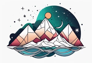 Mountain one Peak, sea waves, space with two littel coloured Stars, semi circle Open surrounds mountain Peak, geometrical forms overlapping dashed lines tattoo idea