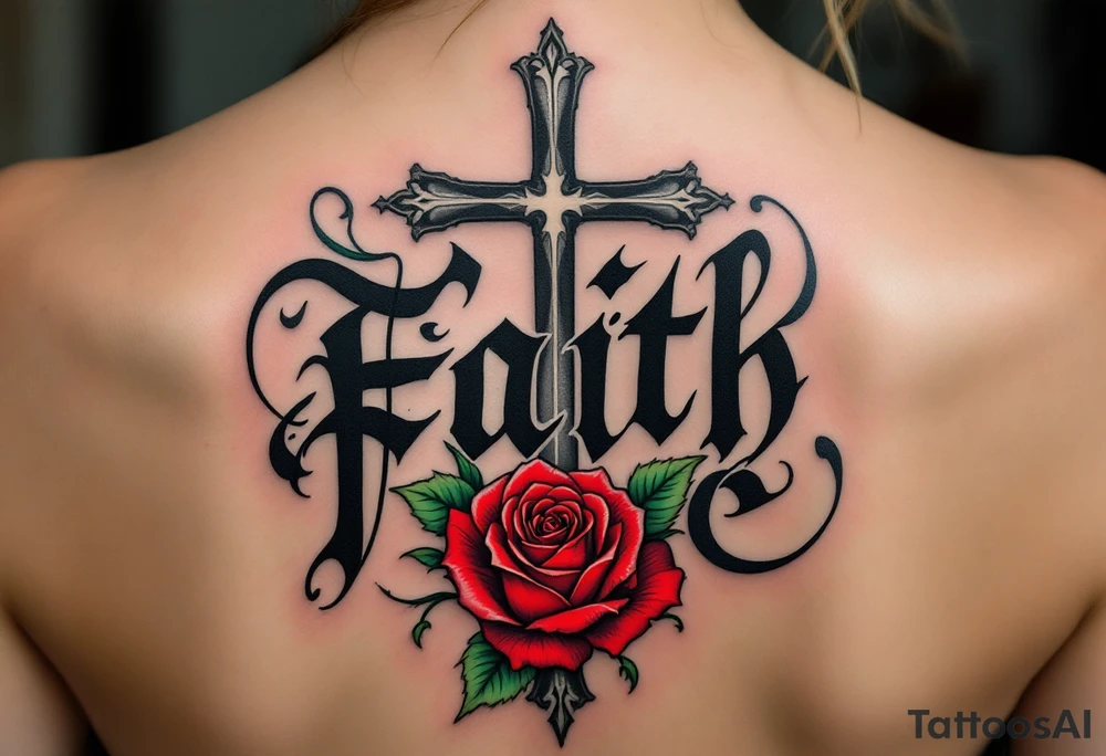 Bold black gothic font with a cross behind it in shadowy gray and a rose winding around the letters in red and green love faith hope. tattoo idea