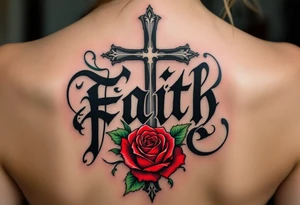 Bold black gothic font with a cross behind it in shadowy gray and a rose winding around the letters in red and green love faith hope. tattoo idea