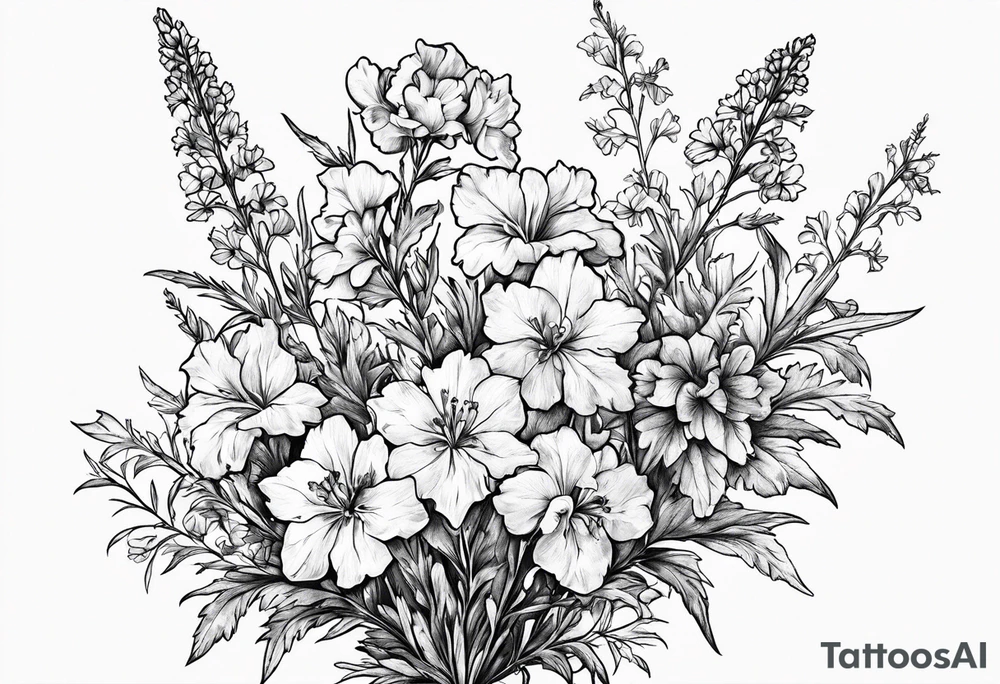 Small, simple sketched bouquet of larkspur, with one stemmed carnation tattoo idea