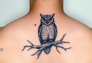 wise owl perched on ancient oak branch under starlit sky tattoo idea