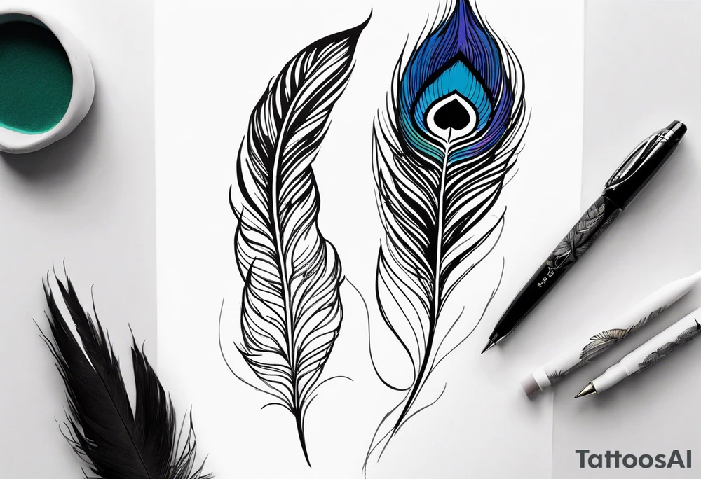 pen intertwined with peacock feather tattoo idea