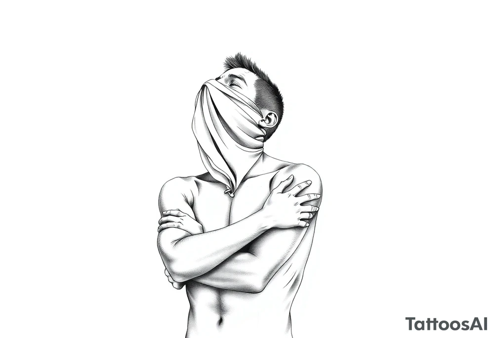 a naked man covering his eyes and mouth with a cloth with no emotions and looking up the sky tattoo idea