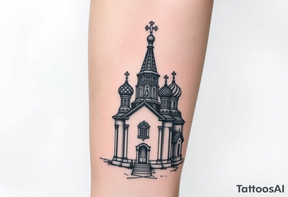 in a dorsal view a detailed medium sized country style russian orthodox church with onion domes and a band at the front with mist shrouding the top and fading into a virgin mary overlooking above at the top tattoo idea