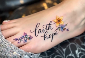Pastel calligraphy with floral embellishments—cherry blossoms for love, lilies for faith, and daffodils for hope. tattoo idea