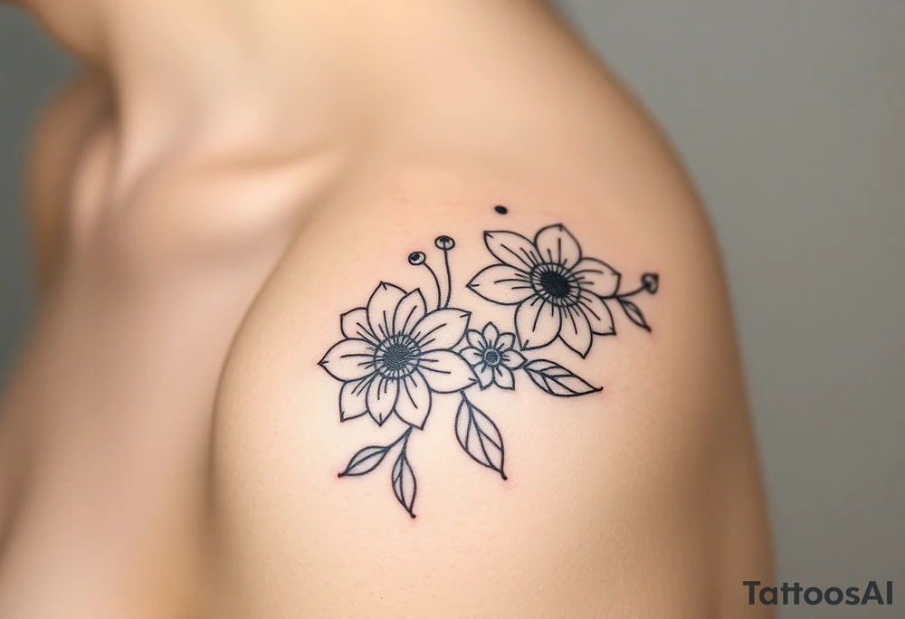 Feminine fine line flowers with geometric tattoo idea