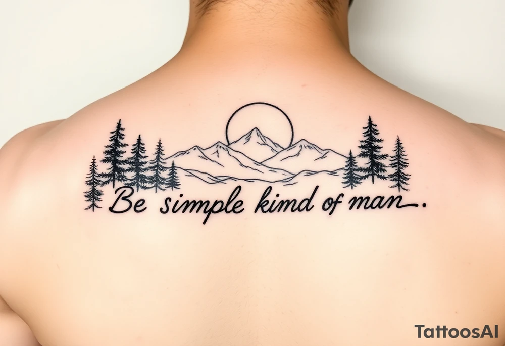 A minimalist tattoo with the words ‘Be a Simple Kind of Man’ in handwritten script, framed by pine trees, mountains, and a rising sun. Evokes peaceful strength and humility. Fine line blackwork for the forearm. tattoo idea