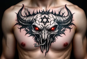 Abstract looking angry taurus skull chest tattoo with red eyes, taurus symbol in between eyes, smoke from the nose tattoo idea