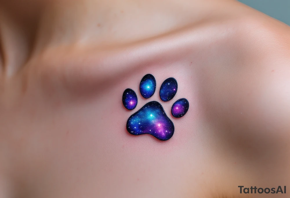 Galaxy Paw Prints – Small paw shapes filled with swirling purple, indigo, and midnight blue, with tiny white stars, resembling a galaxy trapped in each step. tattoo idea