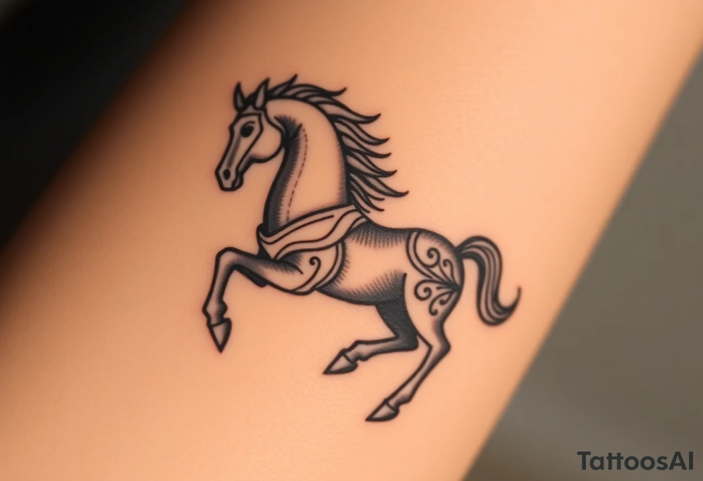 a knight of chess piece. it doesnt have legs, it's a chess piece. The knight piece is depicted in motion, slightly tilted forward as if it's charging or coming out of the shadows. The knight’s face is detailed but with a focus on the horse's strong features: its mane flowing in the wind, and the body etched with intricate details to represent strength and agility. The knight is emerging from a shadow, with the front part of the body illuminated in soft, warm light. The shadowed portions near the back and tail create a mystical aura. tattoo idea
