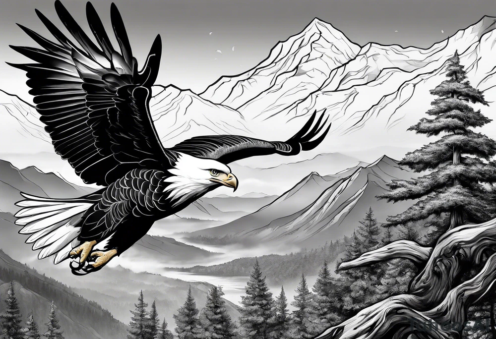 Eagle hunting a White Dove on a tree limb in the mountains tattoo idea