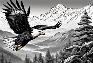 Eagle hunting a White Dove on a tree limb in the mountains tattoo idea