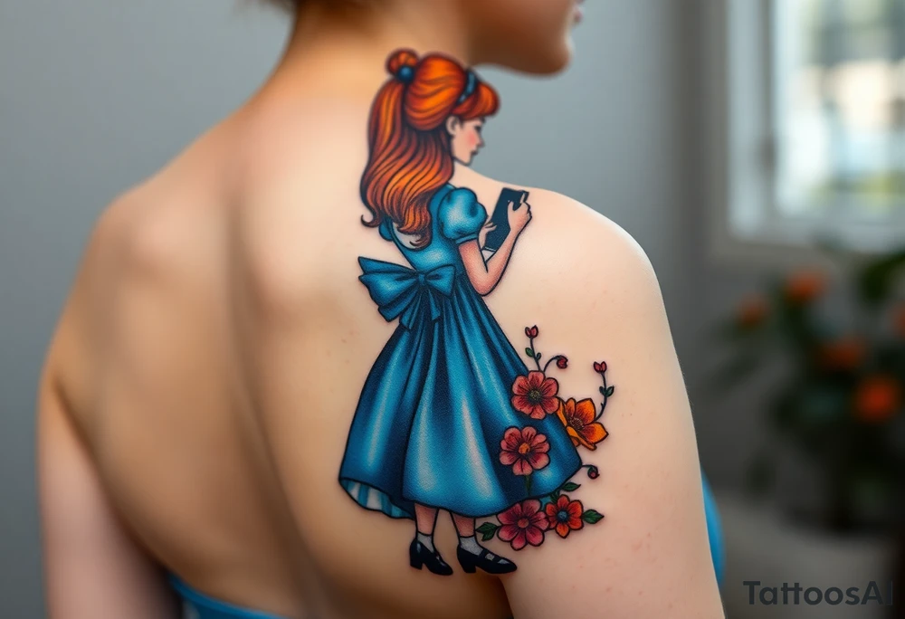 Alice (from Alice in wonderland) silhouette wearing a blue dress. Perspective from the back. She is caring a book, entering a garden with flowers and an orange tree tattoo idea