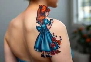 Alice (from Alice in wonderland) silhouette wearing a blue dress. Perspective from the back. She is caring a book, entering a garden with flowers and an orange tree tattoo idea