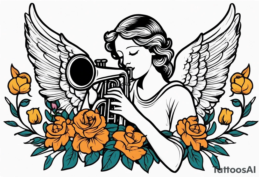 angel with trumpet
old school vintage simple traditional design with vintage flowers surrounding it bold color tattoo idea