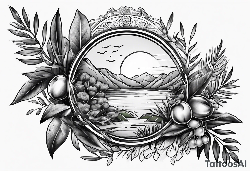 rock tattoo with olive leaves around it tattoo idea