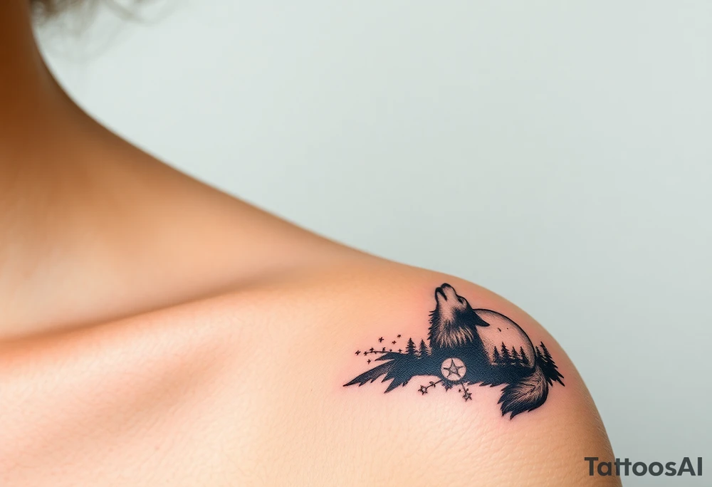 Lone wolf howling at the moon in the forest in the night Columba star tattoo idea