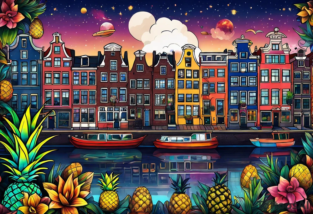 glass animals featuring animals and featuring colours of the universe and galaxies and pineapples in amsterdam city featuring Amsterdam buildings and canal made of glass tattoo idea