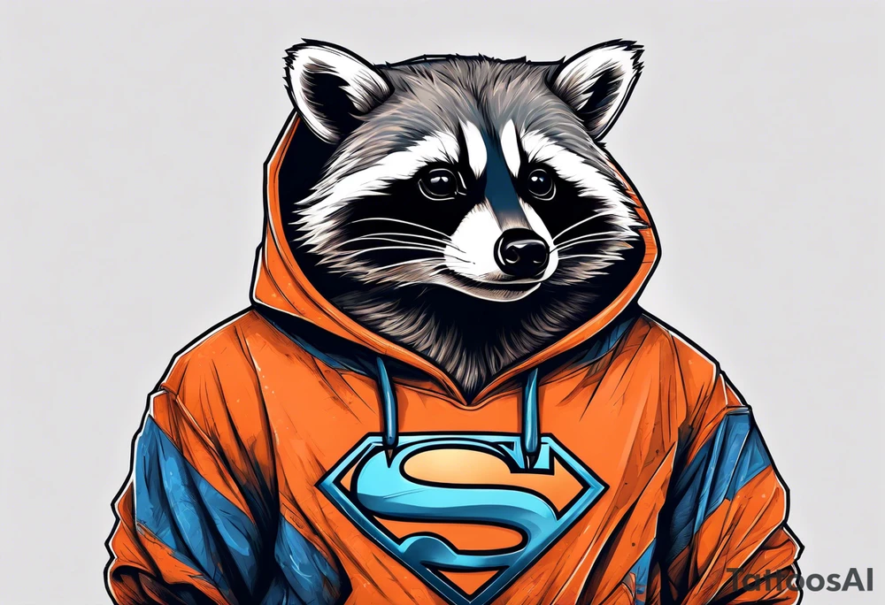 Raccoon wearing an orange Superman hoodie tattoo idea