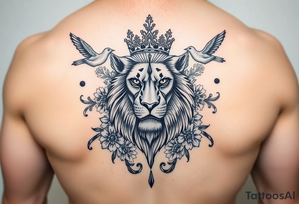powerful majestic lion with a crown, surrounded by floral ornaments and birds tattoo idea