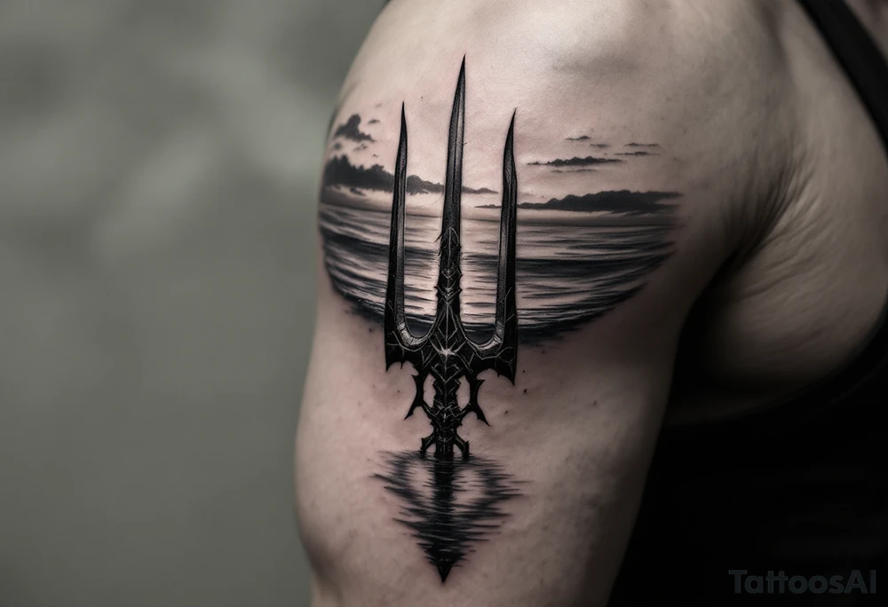 trident half way under calm water at sunset tattoo idea