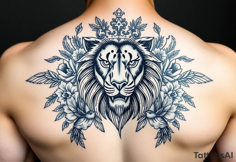 powerful majestic lion with a crown, surrounded by floral ornaments and birds tattoo idea