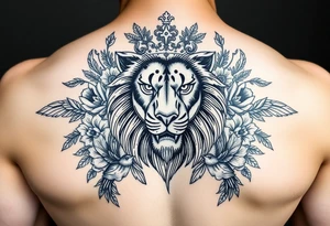 powerful majestic lion with a crown, surrounded by floral ornaments and birds tattoo idea