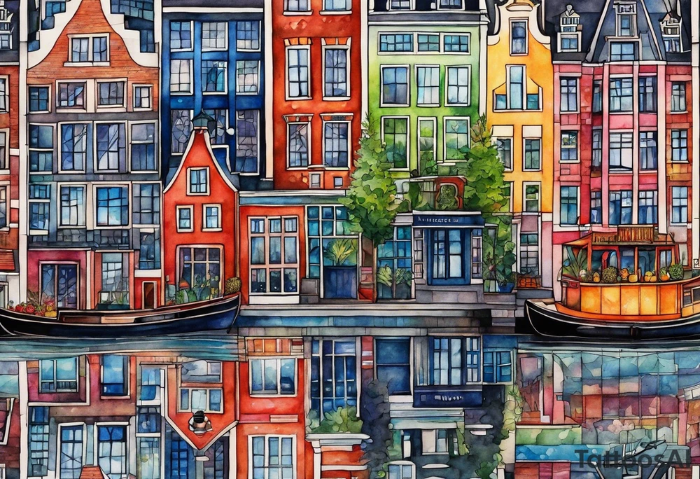 watercolour of animals made from glass in Amsterdam featuring Amsterdam buildings and Amsterdam canal in galaxy colours featuring pineapples as space colours tattoo idea