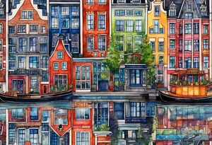 watercolour of animals made from glass in Amsterdam featuring Amsterdam buildings and Amsterdam canal in galaxy colours featuring pineapples as space colours tattoo idea