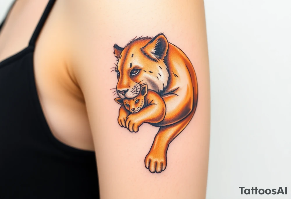 A lioness carrying her cub gently in her mouth, in rich golden and earthy tones, symbolizing fierce love and strength tattoo idea