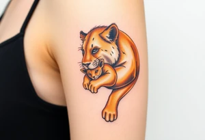 A lioness carrying her cub gently in her mouth, in rich golden and earthy tones, symbolizing fierce love and strength tattoo idea