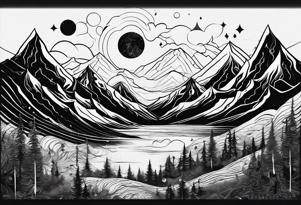 A world that appears to be upside down including Mountains and a moon that drips down Drops. tattoo idea