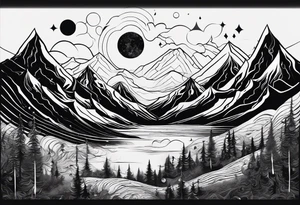 A world that appears to be upside down including Mountains and a moon that drips down Drops. tattoo idea