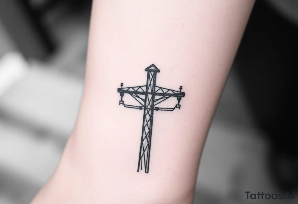 a wooden 12kv distribution pole with electrical lines. Make the pole a cross that has a hidden resemblance to god. tattoo idea