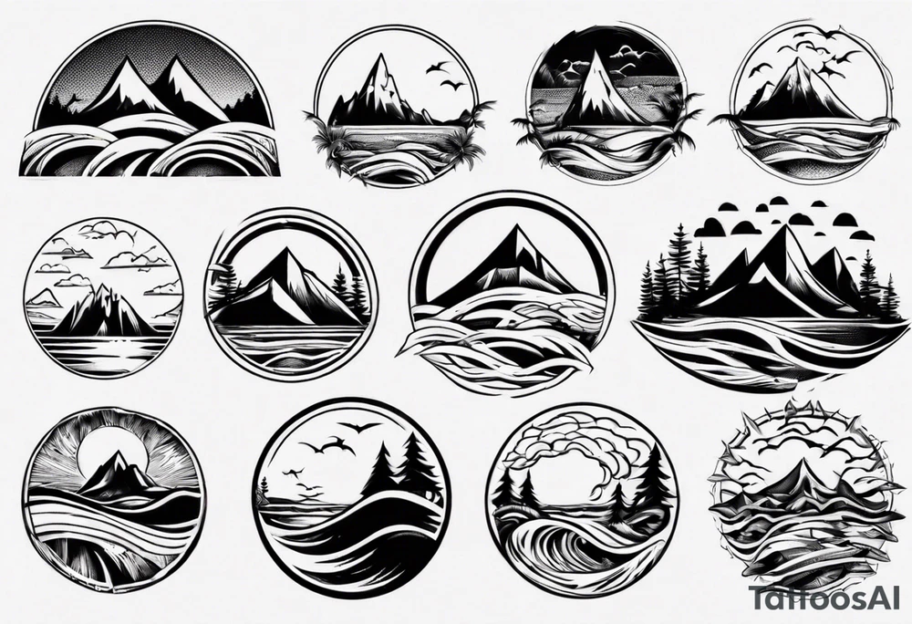 mountains, beach, waves, sunset, trees tattoo idea