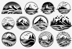 mountains, beach, waves, sunset, trees tattoo idea