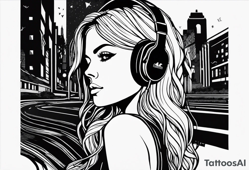 a girl listening to music with over the ear headphones along a dark road at night showing her shadow tattoo idea