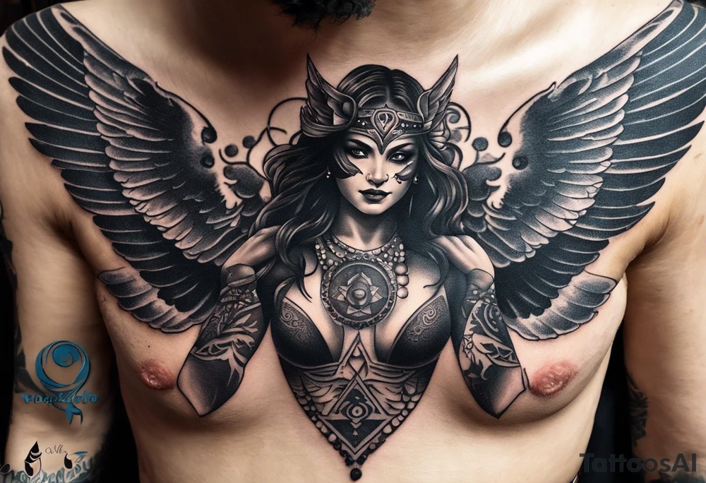 black kali, goddess pirate, alien, angel, pachamama, valkrye, warrior, flying, skull, lotus azul, wing, eagle, zenza resonance, stars, 5D, anahata chakra, death, durga, riding on a tiger, flying lady, chest tatoo tattoo idea