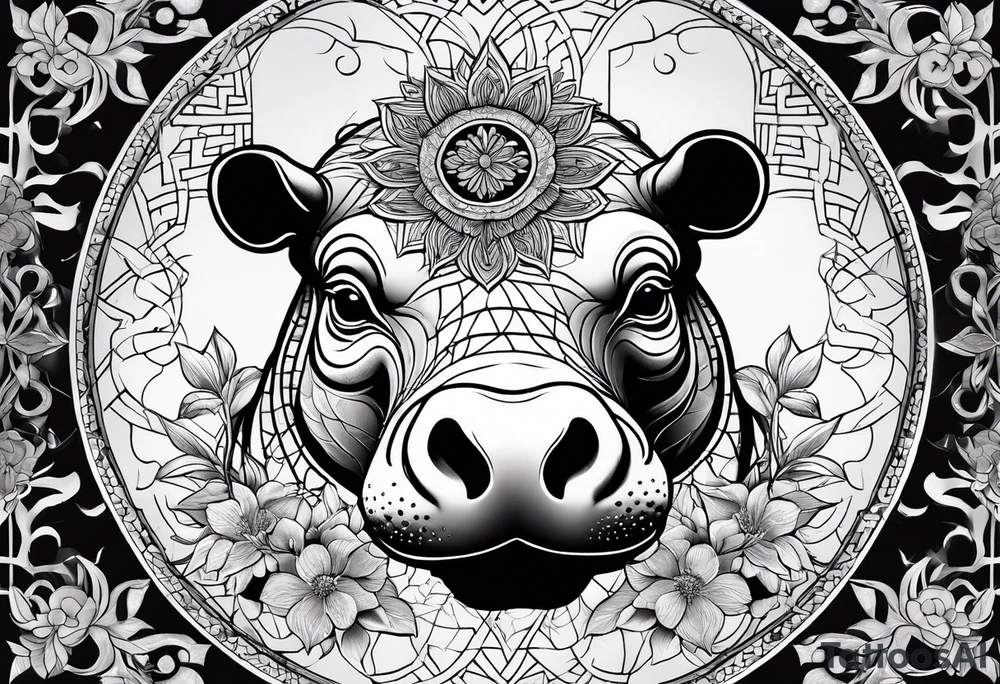 Very asymmetrical, +geometric pattern, with realistic full moon, with seeious looking hippo, +zen feel, + Buddhism touch,
with wintersweet flower bud, +portrait orientation, +inkart touch, tattoo idea