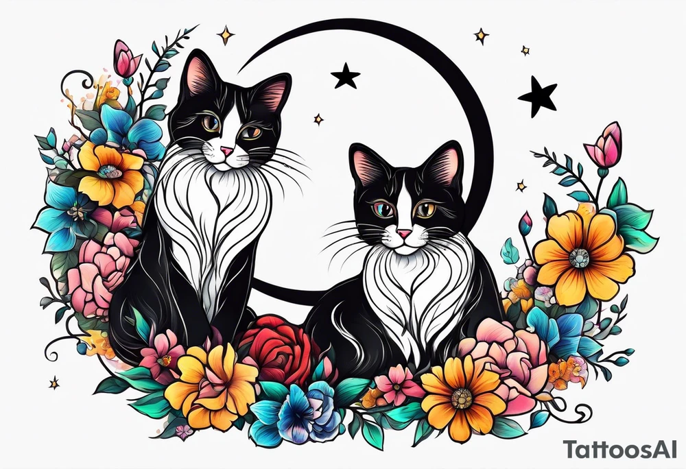 2 cats in laid crescent moon with flowers and paw prints tattoo idea