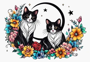 2 cats in laid crescent moon with flowers and paw prints tattoo idea