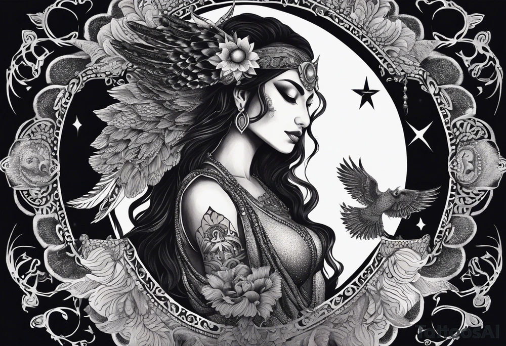 black kali, goddess pirate, alien, angel, pachamama, valkrye, warrior, flying, skull, lotus azul, wing, eagle, zenza resonance, stars, 5D, anahata chakra, death, durga, riding on a tiger, flying lady, kundalini, chest tatoo, samuri, rebel,s erpent tattoo idea