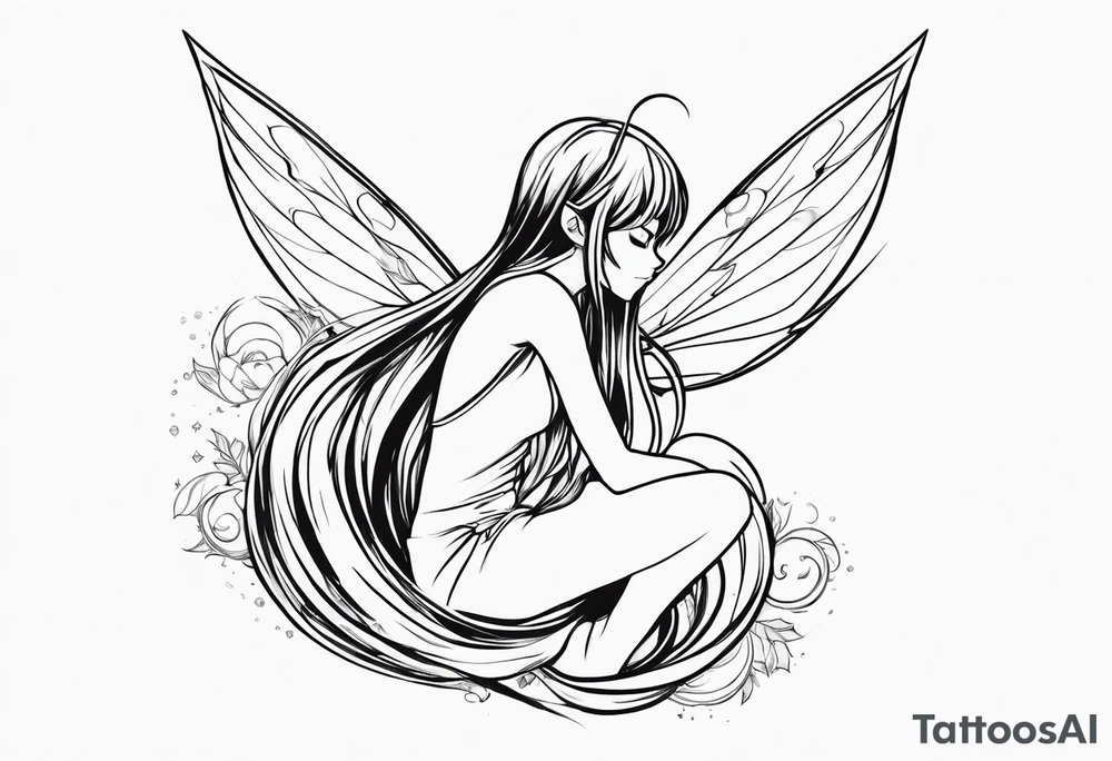 No color sketch of a fairy with a tail inspired by the guild symbol in the anime show called Fairy Tail in a fetal position leaning in and forward while crawled in hugging herself floating with hands a bit forward and her body is an angle tattoo idea