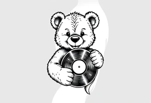 smiling cartoon teddy bear holding a vinyl record tattoo idea