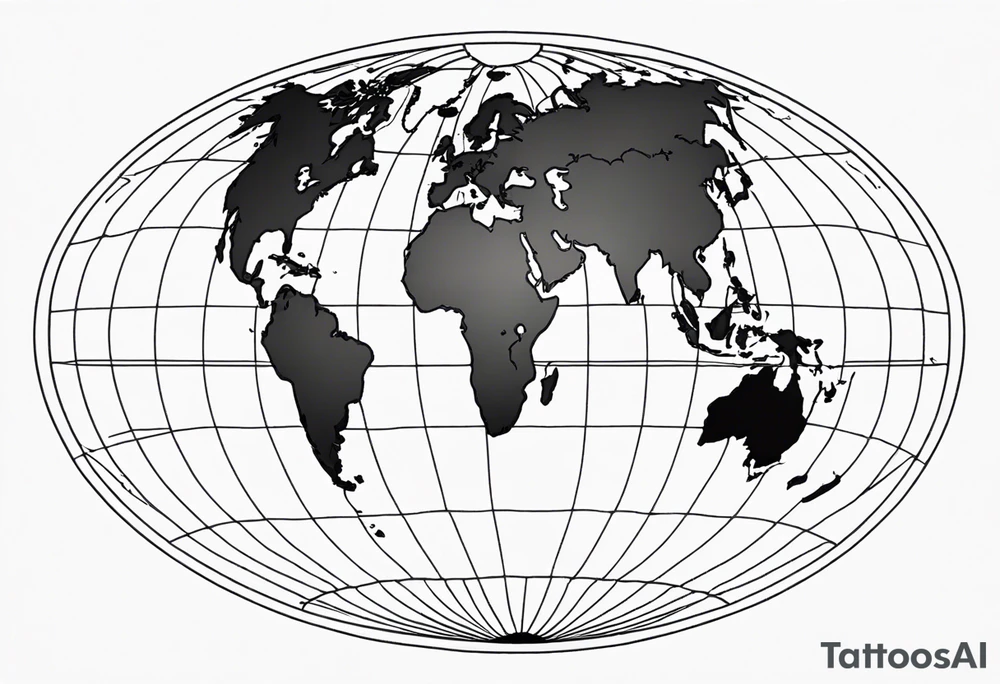 the earth on a flat map with no shading placed on a grid with only the lines with accurate depictions of the borders in countries while having it in an oval/circular position on a grid without any borders on the sides while having the countries not have such bold borders tattoo idea
