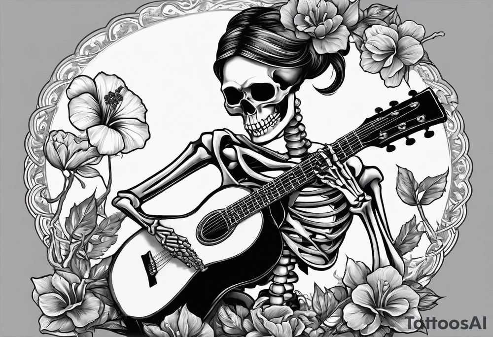 female skeleton listening to a male skeleton play guitar. The female skeleton has a ahibiscus flower behind here ear and is sitting on a korean kimchi pot. tattoo idea