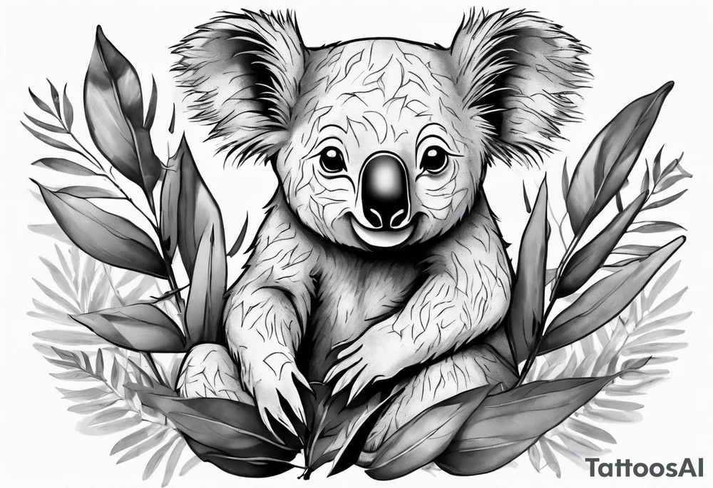 a koala sitting on wattle and eucalyptus leaves tattoo idea